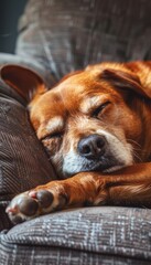 of a peaceful dog sleeping on a cozy sofa in a warm home setting, highlighting tranquility