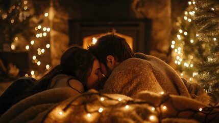 couple cuddling under a blanket by the fireplace, staying warm and snug during winter christmas, enjoying a cozy and romantic atmosphere as they share festive moments together