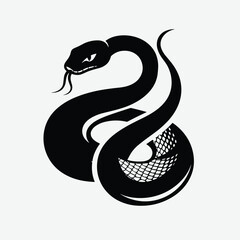 Fototapeta premium Illustration of a coiled black snake with a forked tongue on a white background, showcasing a simple yet bold design.