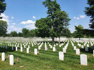 Landscape with rows of white tombstones and American flags honoring the fallen soldiers of America...