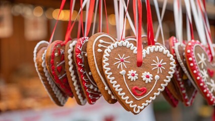 Close-up of traditional heart-shaped gingerbread cookies decorated with intricate icing patterns and hung on red ribbons. The festive market setting adds warmth and a cheerful holiday vibe.
