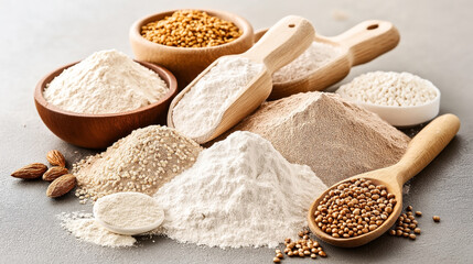 Various types of flour and seeds displayed on a kitchen table with wooden bowls and scoops, including almond flour, quinoa, and millet seeds.