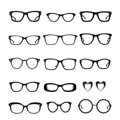 Collection of various eyeglasses and sunglasses silhouettes on a white background, showcasing different shapes and styles, including heart-shaped frames.