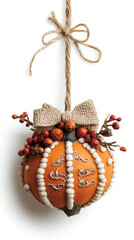 Decorative pumpkin adorned with beads and berries, hanging from a rustic twine, AI