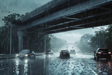 Rainy Day Commute: Cars Navigate Stormy Highway Overpass with Torrential Rain © spyrakot