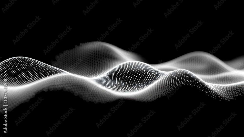 Poster abstract wave pattern with white dots on a black background.