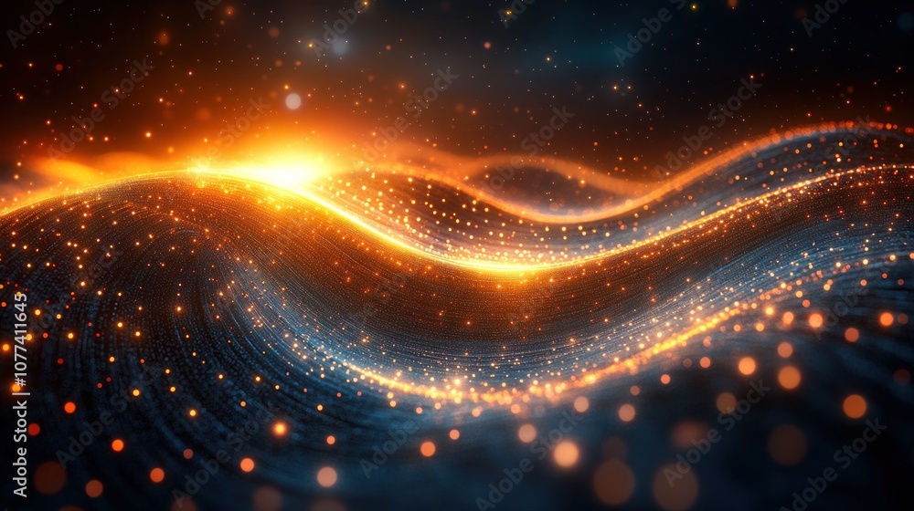 Sticker abstract wave of shimmering particles with a golden glow on a dark background.