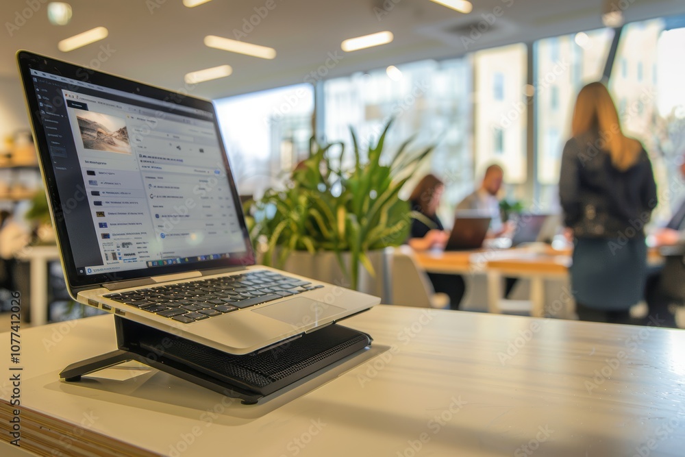 Poster modern office workspace: laptop on standing desk with email application for dynamic team collaborati
