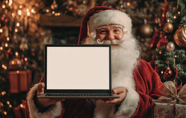 Santa Claus holding laptop with a blank screen towards the camera