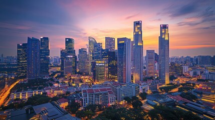 Obraz premium Cityscape with Illuminated Skyscrapers at Twilight