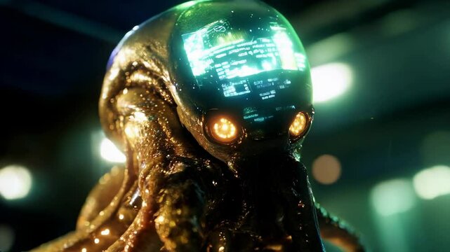 Surreal octopus with holographic skin with changing digital information on it