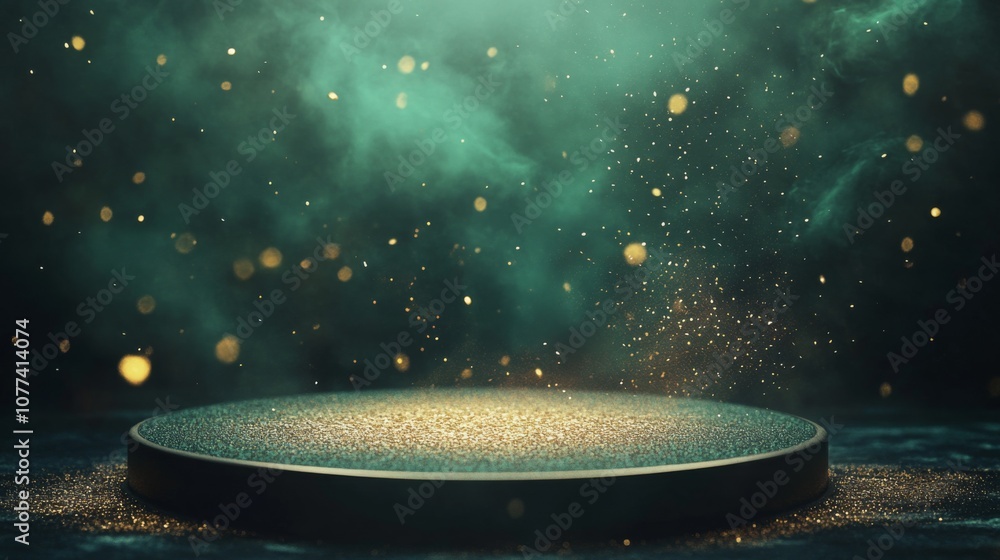 Poster a round, dark green platform sits on a textured surface. it is covered in golden sparkles.