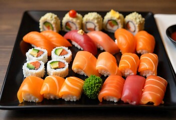 A colorful platter of fresh, raw salmon sushi rolls, a delicious and healthy Japanese meal