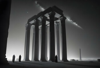 Naklejka premium Egyptian architecture features impossible tall and slender columns touching the night sky full of stars and galaxies, people wearing cloaks walk around in awe, as if in an alien city from another pl