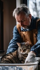 Obraz premium Middle-Aged Man Changing Cat Litter with Gloves to Prevent Allergies