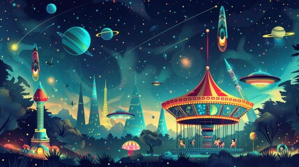 Illustration of kids riding on a space carousel through a cosmic amusement park, with gravity-defying rides and alien attractions in vector style