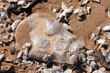 Crumbled plastic bottle rests among the shells in late winter along the Lake Michigan shoreline at Harrington Beach State Park, Belgium, Wisconsin