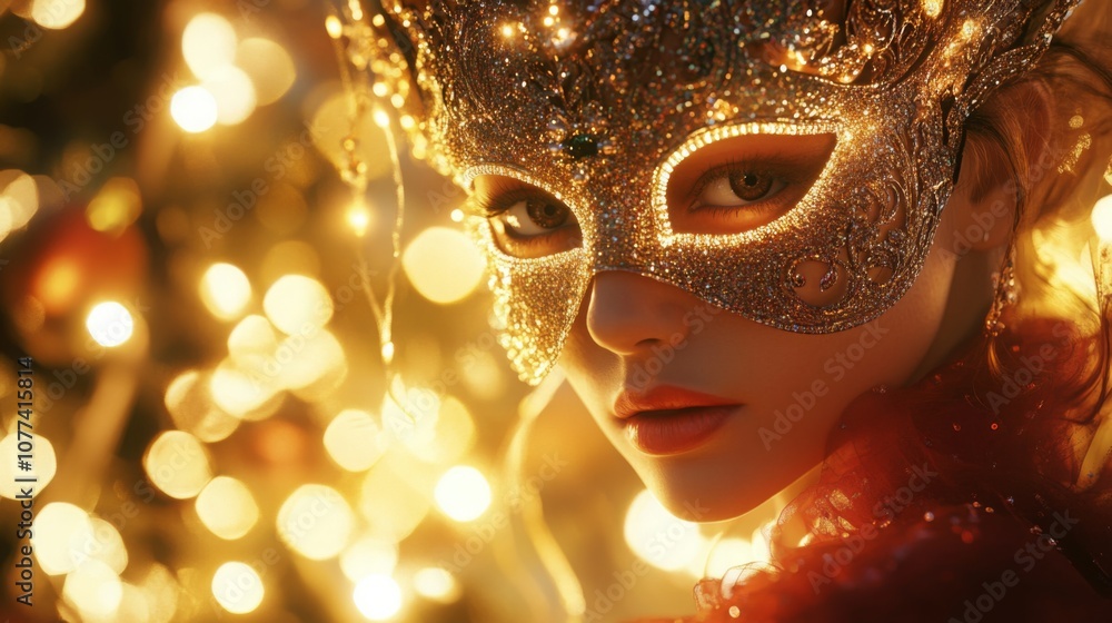 Aufkleber a woman wearing an ornate mask gazes intently, illuminated by twinkling lights in a festive setting.