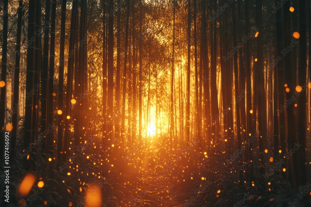 Poster A misty forest path with sunlight streaming through the trees.