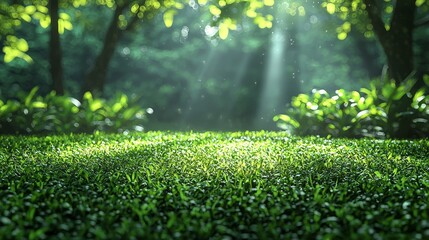 A serene forest scene with sunlight filtering through trees onto lush green grass.