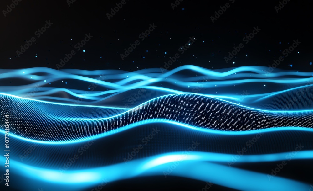 Poster a futuristic abstract digital wave landscape with glowing neon blue lines flowing smoothly against a