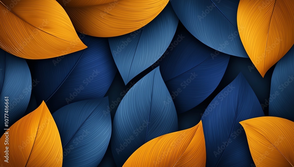 Poster a vibrant abstract background featuring overlapping gold and navy blue leaves, creating a dynamic an