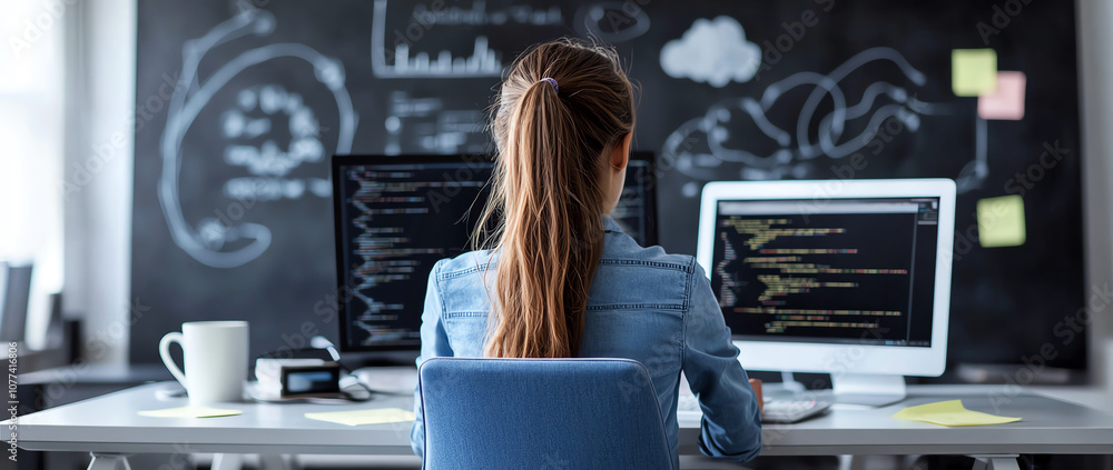 Poster a woman working at a computer with code on the screen, surrounded by tech equipment and a chalkboard