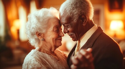 Elderly couple sharing a loving moment, warm tones create an intimate atmosphere, showcasing joy and connection in a cozy setting, filled with soft golden light and gentle smiles
