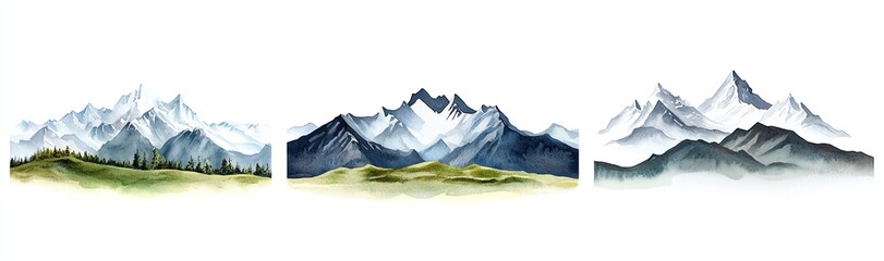 Artistic watercolor illustrations of majestic mountain ranges, showcasing nature's beauty with serene peaks, lush greenery, and tranquil skies, perfect for themed decor or nature p