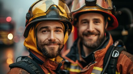 Two smiling firefighters in full gear.