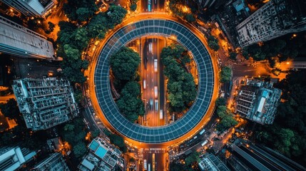 Fototapeta premium Aerial view of a roundabout in a city at night with streetlights on.