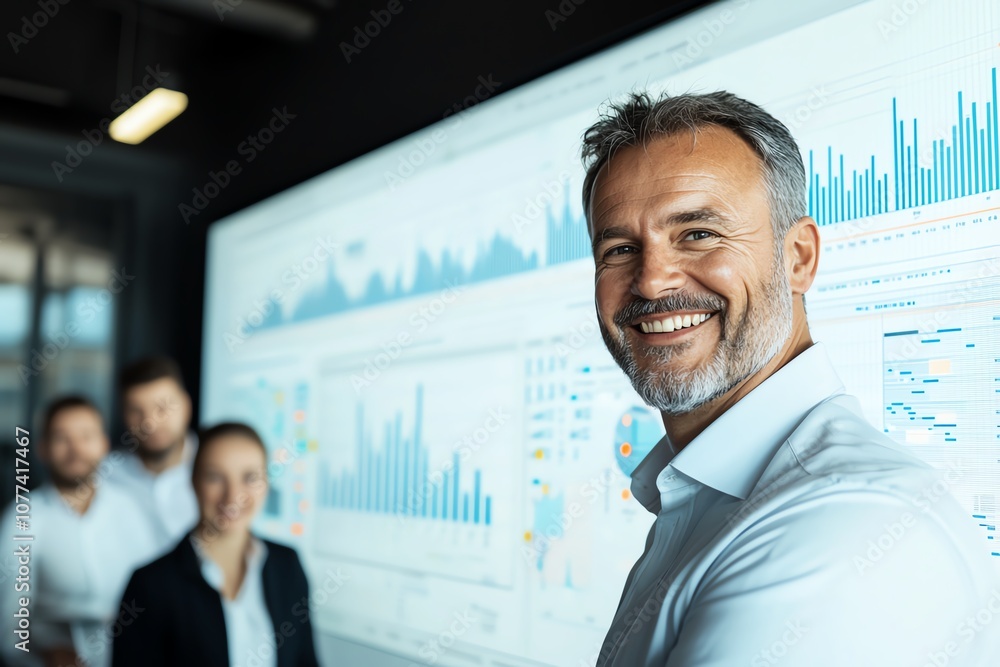 Poster confident professionals stand in front of a large screen displaying data analytics. smiling leader i