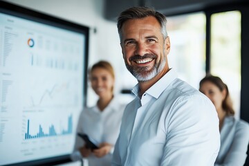 Naklejka premium Confident professional smiling during a business presentation with charts on screen