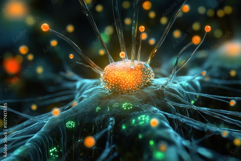 Poster a microscopic close-up of a glowing neuron with branching dendrites and synapses.
