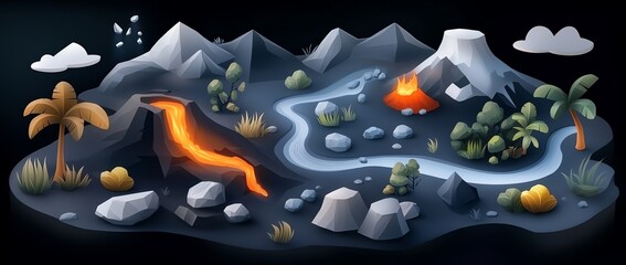 Digital illustration depicting a scenic landscape with volcanoes, flowing lava, mountains, and water streams. Features stylized plants and rocks.
