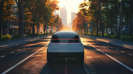 A white car is driving down a street with trees in the background