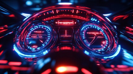 Futuristic neon speedometer with vibrant red and blue lights symbolizing high performance vehicles