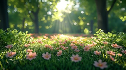 A serene forest scene with sunlight filtering through trees, highlighting blooming flowers.