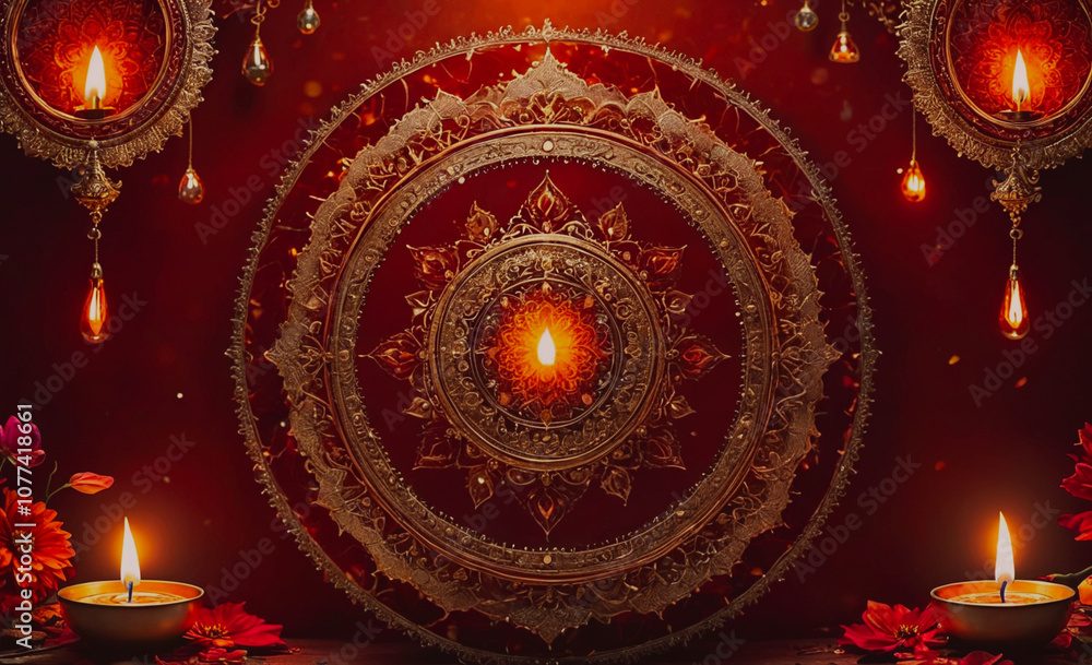 Poster red background with a gold circle with a lit candle in the center