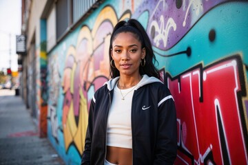 Young woman in sporty attire by graffiti wall in Los Angeles
