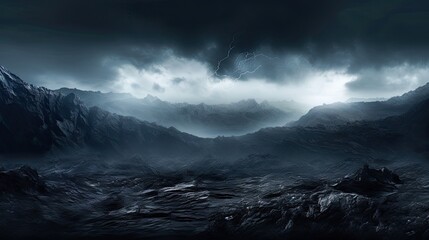 Obraz premium Eerie valley scene with full moon and silhouetted mountains.