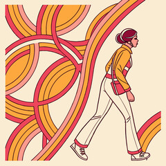 A retro-inspired illustration of a woman walking through a field of swirling, colorful lines. The woman's clothing and hair are in the style of the 1970s, with a sleek silhouette.