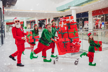 Portrait of attractive cheerful funny group friends company elfs carrying giftboxes bargain eve...