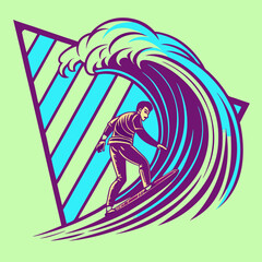 A vibrant illustration depicting a surfer riding a wave with a retro style. The bold colors and dynamic lines create a sense of energy and excitement.