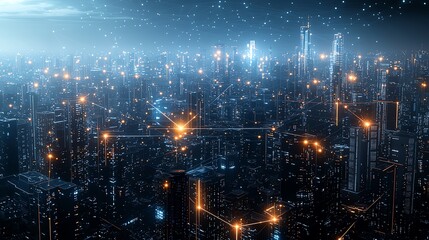 Obraz premium Futuristic cityscape showcasing a digital network overlay glowing over skyscrapers at night, illustrating the concept of a connected smart city and modern urban technology.