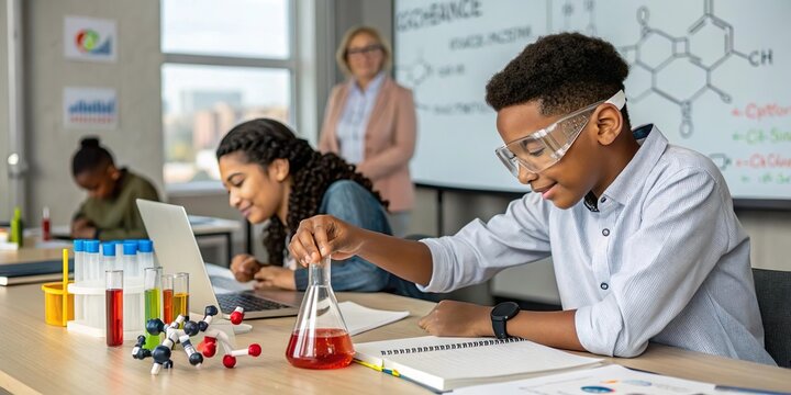 Engagierte Sch&uuml;ler im Chemieunterricht experimentieren mit Reagenzgl&auml;sern und Erlenmeyerkolben.