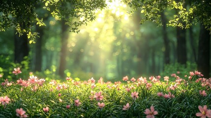 A serene forest scene with sunlight filtering through trees, illuminating a field of flowers.