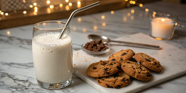 A frothy glass of milk with a stainless steel straw next to chocolate chip cookies