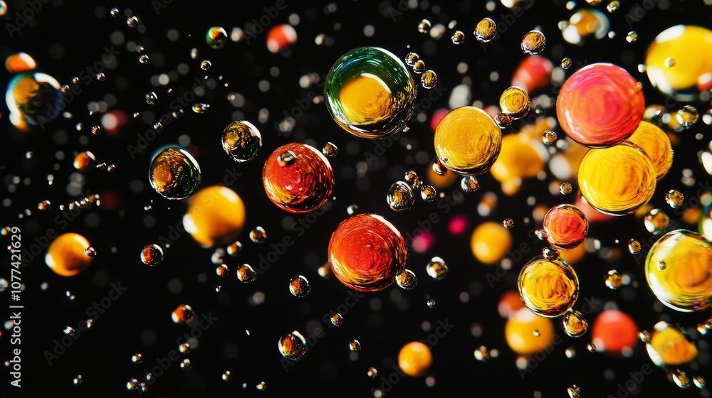 Poster dynamic abstract composition of colorful liquid droplets suspended against a dark background