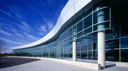 Modern Glass Building Architecture with Blue Sky and Clouds